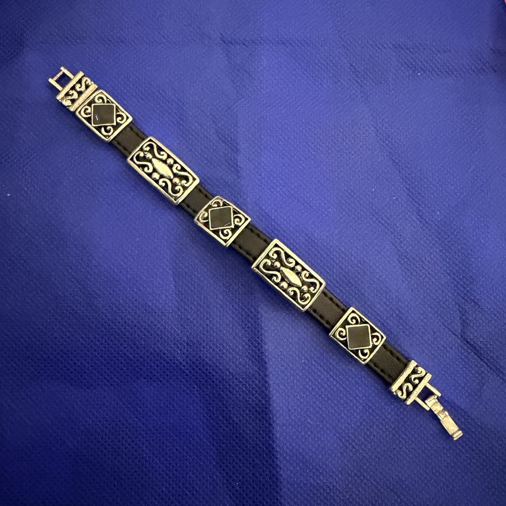 Silver Tone Black Faux Leather Tennis Bracelet Womens 7.5 Inch Panel Scrollwork